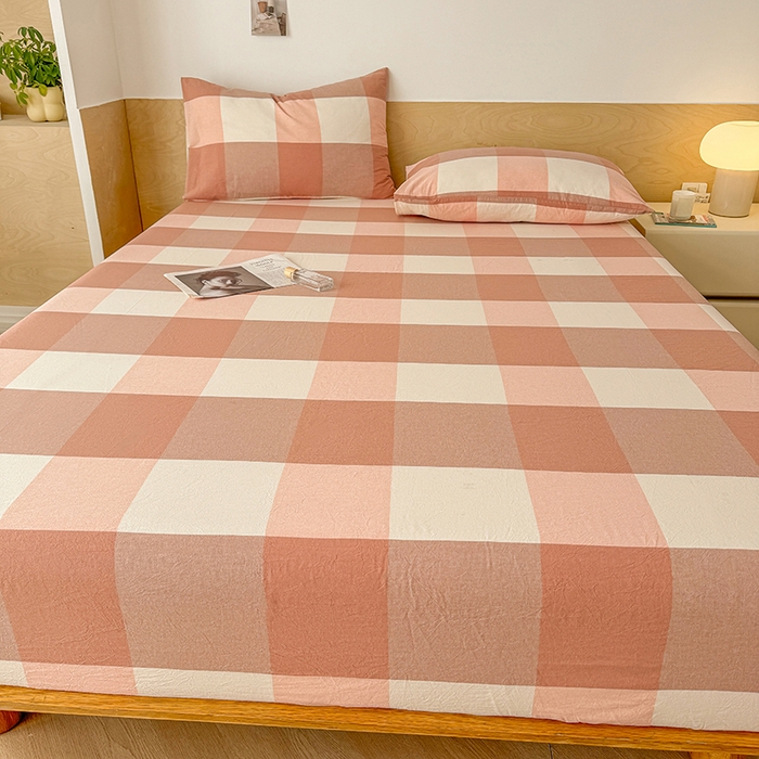 91家纺网 家纺一手货源 找家纺 晓时候 2025新款100%全棉色织水洗棉床笠全棉床笠纯棉床笠 粉大格