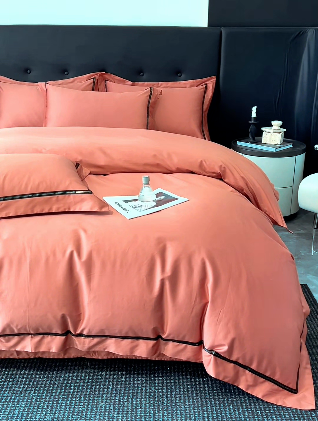 91家纺网 家纺一手货源 找家纺 魅都 2025新款100支长绒棉简约织带轻奢风四件套-罗伊 爱马橙