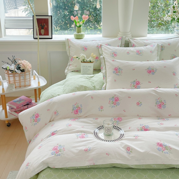 91家纺网 家纺一手货源 找家纺 铭博家纺 新款直播爆款网红全棉四件套13070印花吊边一字绣纯棉被套工艺款 桃桃苏打