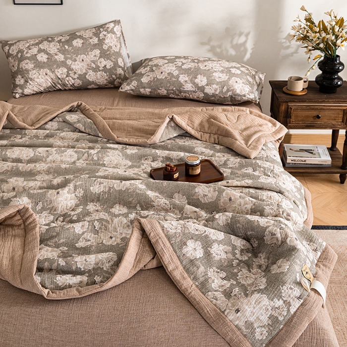 91家纺网 家纺一手货源 找家纺 吾诺 2025新建全棉印花泡泡双层纱大豆夏被子被芯全棉夏被四件套夏凉被空调被 莫奈