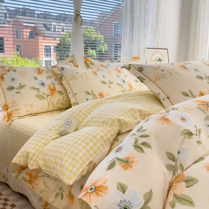 铭博家纺 新款直播爆款网红全棉四件套13070印花吊边一字绣纯棉被套工艺款 花颜悦色