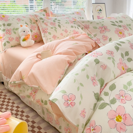 铭博家纺 新款直播爆款网红全棉四件套13070印花吊边一字绣纯棉被套工艺款 悠悠花簇