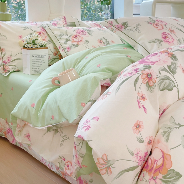 91家纺网 家纺一手货源 找家纺 铭博家纺 新款直播爆款网红全棉四件套13070印花吊边一字绣纯棉被套工艺款 绿苑春1