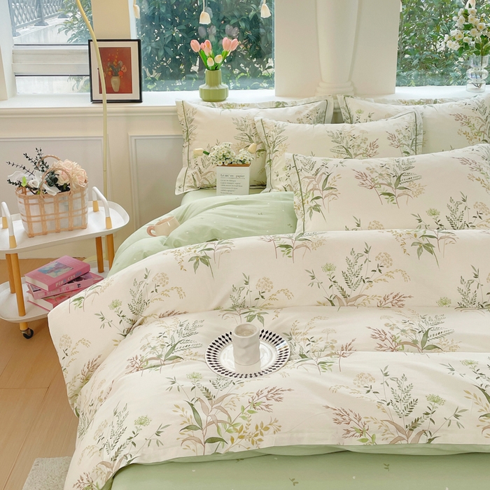 91家纺网 家纺一手货源 找家纺 铭博家纺 新款直播爆款网红全棉四件套13070印花吊边一字绣纯棉被套工艺款 仙语草玲