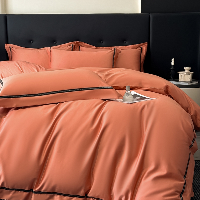 91家纺网 家纺一手货源 找家纺 魅都 2025新款100支长绒棉简约织带轻奢风四件套-罗伊 爱马橙