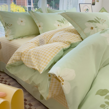 铭博家纺 新款直播爆款网红全棉四件套13070印花吊边一字绣纯棉被套工艺款 春光绿意