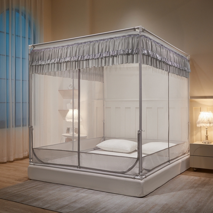 91家纺网 家纺一手货源 找家纺 梦尔佳蚊帐 2025新款双层花边床笠式三开门蚊帐-858怜香惜玉系列 高级灰