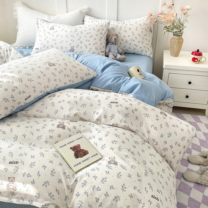 91家纺网 家纺一手货源 找家纺 汣沐生活 2025新款针织棉印花款四件套 小熊山茶