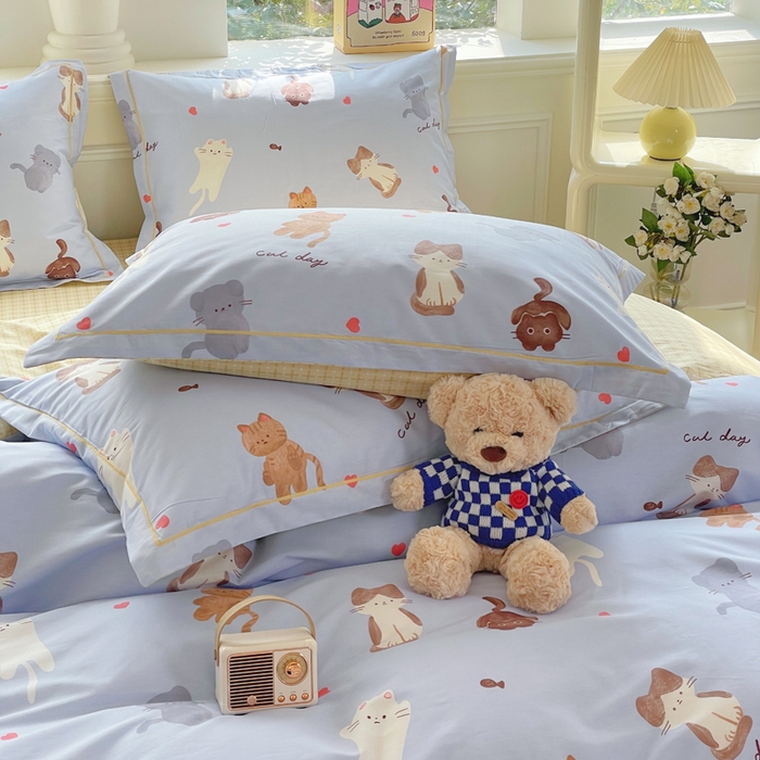 91家纺网 家纺一手货源 找家纺 铭博家纺 新款直播爆款网红全棉四件套13070印花吊边一字绣纯棉被套工艺款 喵星庆典