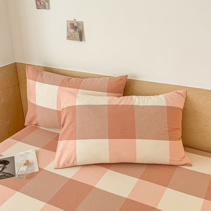 91家纺网 家纺一手货源 找家纺 晓时候 2025新款100%全棉色织水洗棉床笠全棉床笠纯棉床笠 粉大格