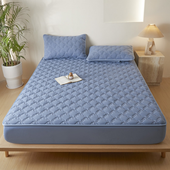 91家纺网 家纺一手货源 找家纺 雪云美2025新款全棉夹棉床笠13372斜纹A类纯棉床罩可定制尺寸-风车款 风车-如意蓝