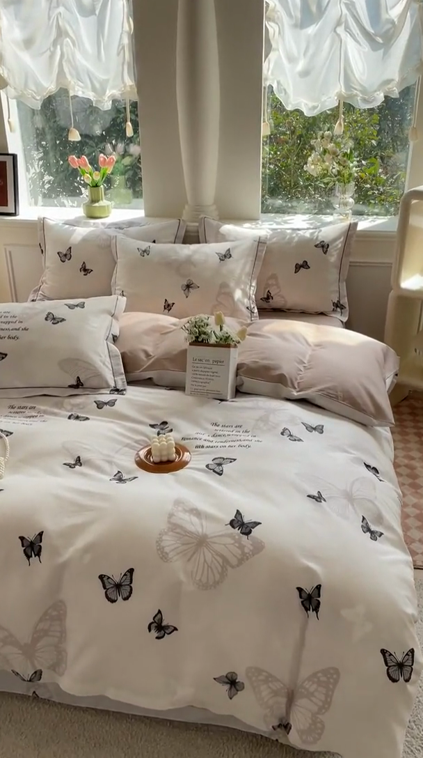 91家纺网 家纺一手货源 找家纺 铭博家纺 新款直播爆款网红全棉四件套13070印花吊边一字绣纯棉被套工艺款 蝶舞