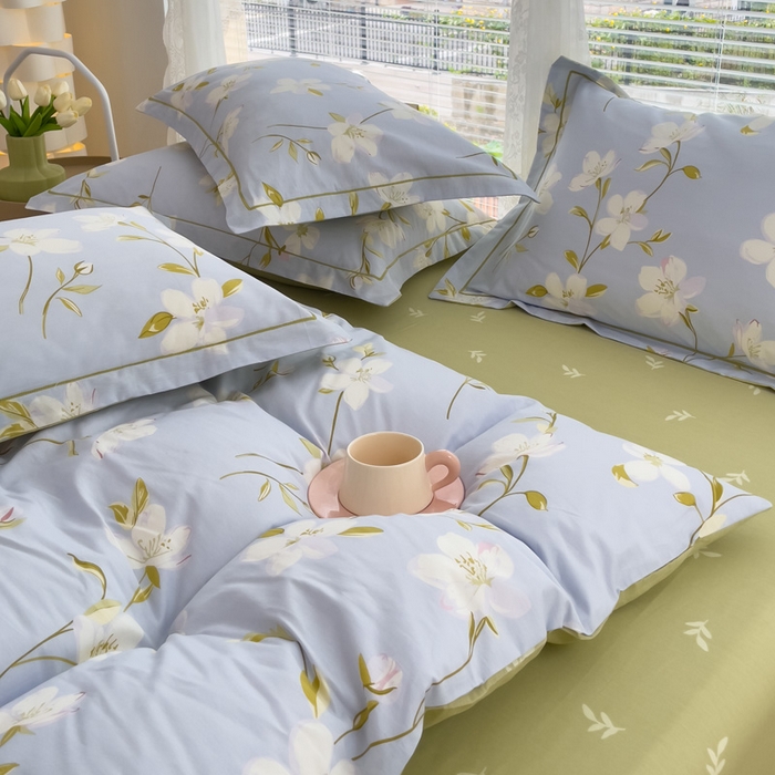 91家纺网 家纺一手货源 找家纺 铭博家纺 新款直播爆款网红全棉四件套13070印花吊边一字绣纯棉被套工艺款 元气晶冻