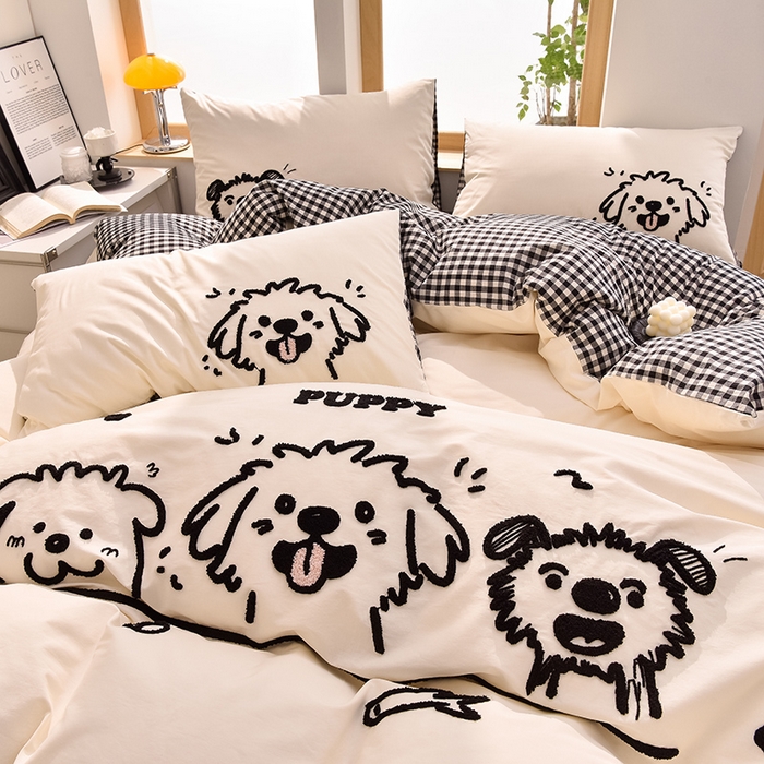 91家纺网 家纺一手货源 找家纺 炫拼家纺 2025新款卡通多巴胺A类全棉40支水洗棉毛巾绣四件套 潦草小狗