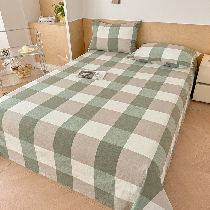 91家纺网 家纺一手货源 找家纺 晓时候 2025新款100%全棉色织水洗棉床单全棉床单纯棉床单 绿中格