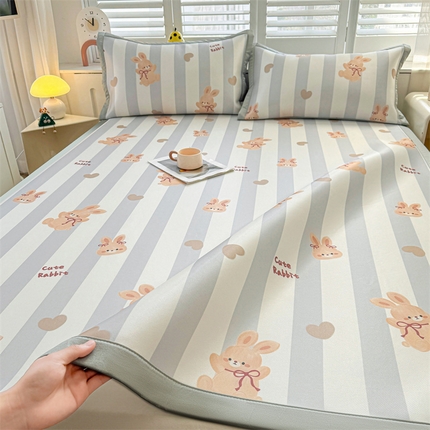 雯豆2025春夏新款碳光冰丝席三件套A类凉感印花三明治凉席 碳光冰丝席-绑带款-条纹兔-1