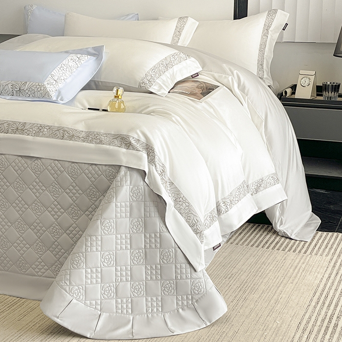 91家纺网 家纺一手货源 找家纺 （总）2025新款A类长绒棉夹棉床盖床笠四件套全棉纯棉纯色绗绣四季款保护罩高级感纯色床上用品