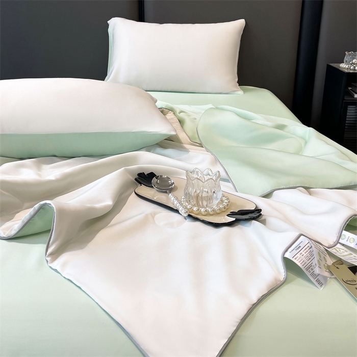 91家纺网 家纺一手货源 找家纺 雯豆天丝夏被纯色拼色A类莱赛尔凉感被子轻奢夏凉被子四件套 洛神珠-象牙白+浅艾绿