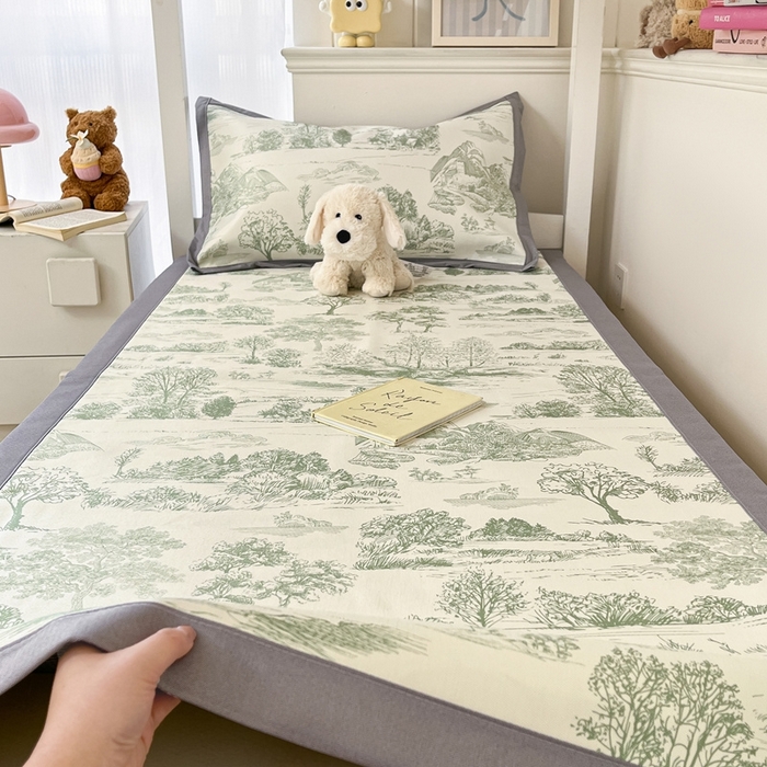 91家纺网 家纺一手货源 找家纺 川悦生活2025新款600D立体宽边印花冰丝席学生床 复古欧庭-绿