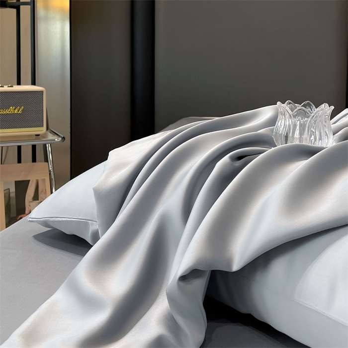 91家纺网 家纺一手货源 找家纺 雯豆天丝夏被纯色拼色A类莱赛尔凉感被子轻奢夏凉被子四件套 洛神珠-浅灰