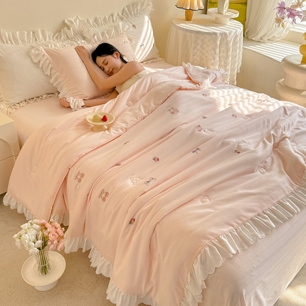 丝印良品 2025针织提花绣花小清新夏被四件套 草莓-水蜜粉