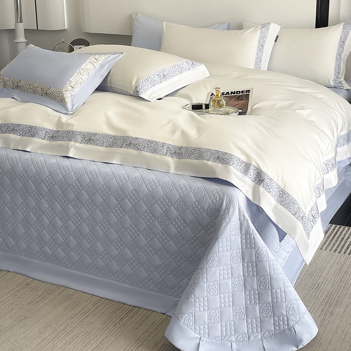 91家纺网 家纺一手货源 找家纺 2025新款A类100支长绒棉夹棉床盖床笠四件套全棉纯棉床单加厚高端重工刺绣四季款床上用品 诺兰-白蓝