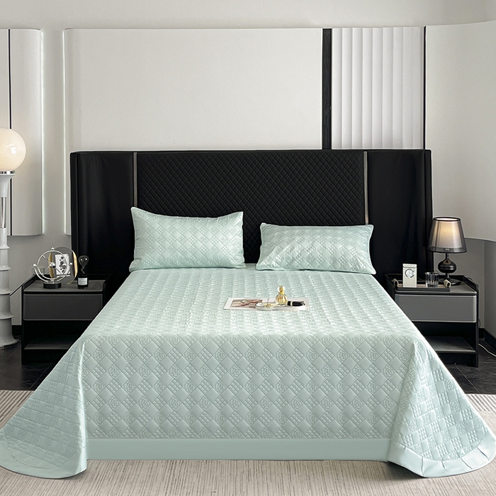 91家纺网 家纺一手货源 找家纺 2025新款A类100支长绒棉夹棉床盖三件套全棉纯棉加厚绗绣床单四季款床上用品 茶绿