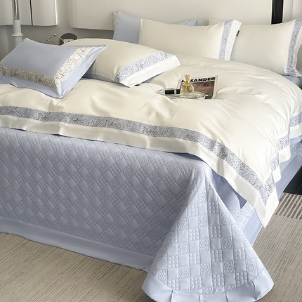 91家纺网 家纺一手货源 找家纺 2025新款A类100支长绒棉夹棉床盖床笠四件套全棉纯棉床单加厚高端重工刺绣四季款床上用品 诺兰-白蓝