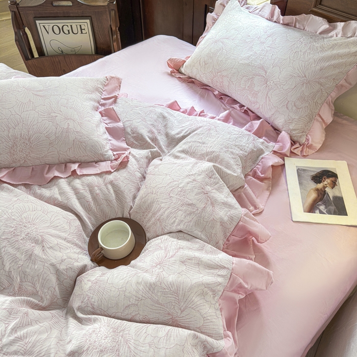 91家纺网 家纺一手货源 找家纺 锦格家纺 2025年春夏新款A类全棉纯棉色织三层纱提花四件套 漫香花羽-粉