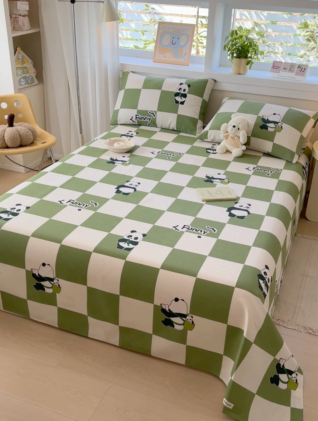 91家纺网 家纺一手货源 找家纺 博弈家纺   2025新款亲肤舒适原棉老粗布床单凉席三件套系列 可爱熊猫