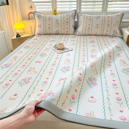 雯豆2025春夏新款碳光冰丝席三件套A类凉感印花三明治凉席 碳光冰丝席-绑带款-浪漫花丛