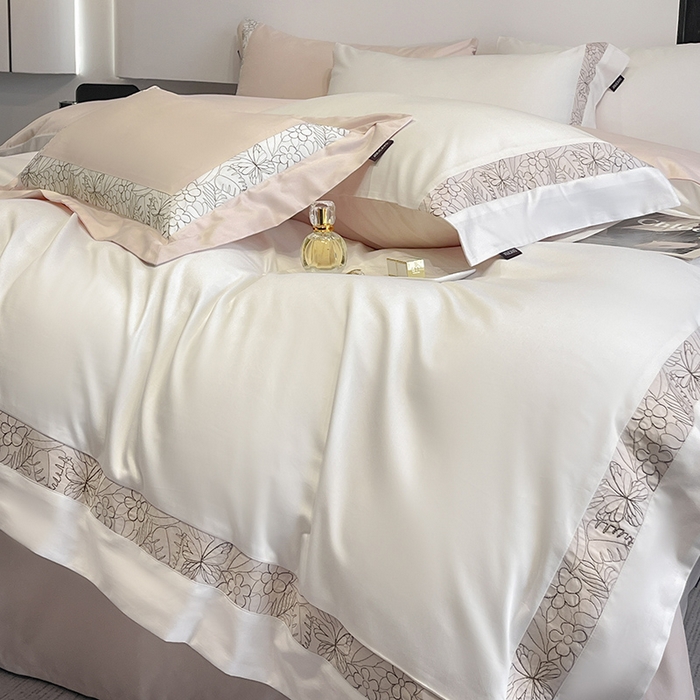 91家纺网 家纺一手货源 找家纺 2025新款A类100支长绒棉夹棉床盖床笠四件套全棉纯棉床单加厚高端重工刺绣四季款床上用品 诺兰-白粉