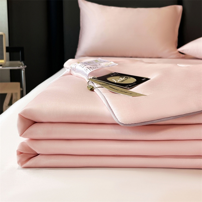 91家纺网 家纺一手货源 找家纺 雯豆天丝夏被纯色拼色A类莱赛尔凉感被子轻奢夏凉被子四件套 洛神珠-芭比粉