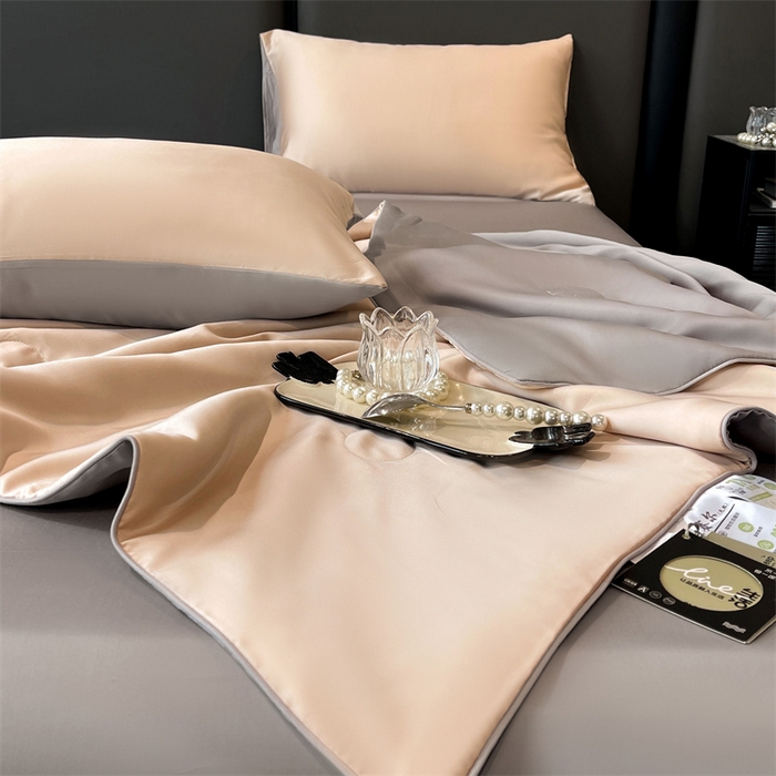 91家纺网 家纺一手货源 找家纺 雯豆天丝夏被纯色拼色A类莱赛尔凉感被子轻奢夏凉被子四件套 洛神珠-香槟金+轻奢灰