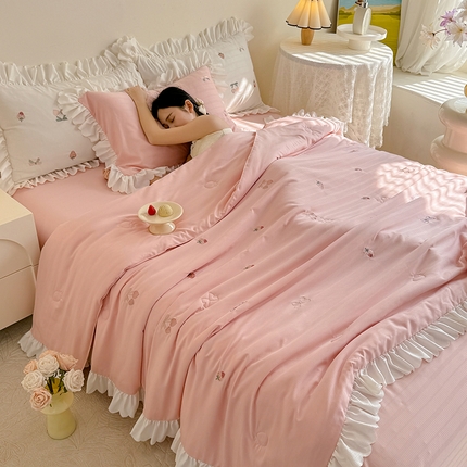 丝印良品 2025针织提花绣花小清新夏被四件套 草莓-珊瑚粉