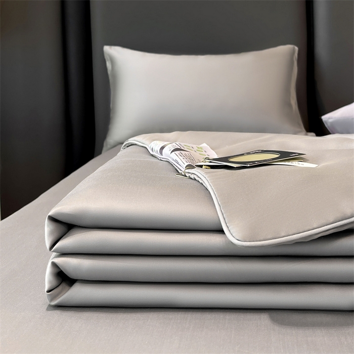 91家纺网 家纺一手货源 找家纺 雯豆天丝夏被纯色拼色A类莱赛尔凉感被子轻奢夏凉被子四件套 洛神珠-轻奢灰