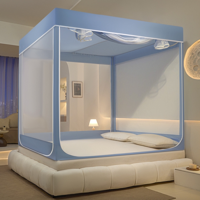 91家纺网 家纺一手货源 找家纺 兆星家纺 2025新款内穿带布帘蚊帐 纯色款 纯色-蓝灰（不含帘）