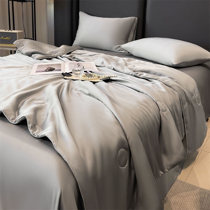 雯豆天丝夏被纯色拼色A类莱赛尔凉感被子轻奢夏凉被子四件套 洛神珠-轻奢灰