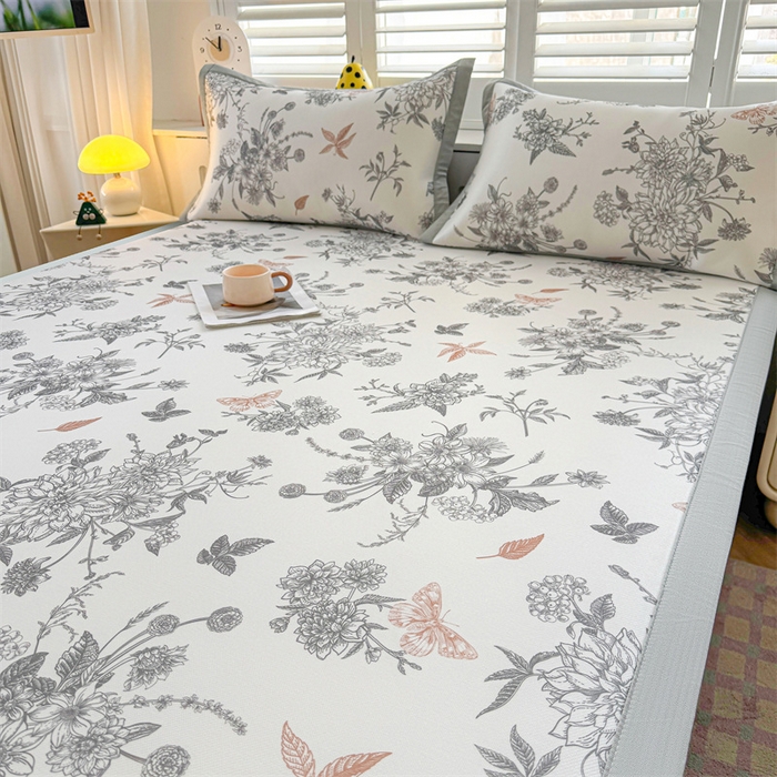 91家纺网 家纺一手货源 找家纺 雯豆2025春夏新款碳光冰丝席三件套A类凉感印花三明治凉席 碳光冰丝席-绑带款-笔墨书香