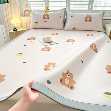 雯豆2025春夏新款碳光冰丝席三件套A类凉感印花三明治凉席 碳光冰丝席-绑带款-咖啡小熊-1