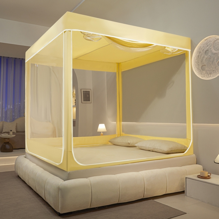 91家纺网 家纺一手货源 找家纺 兆星家纺 2025新款内穿带布帘蚊帐 纯色款 纯色-米黄（不含帘）