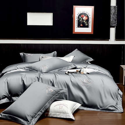 2025新款120S60支双股贡缎长绒棉刺绣花四件套纯棉全棉100%棉轻奢时尚 圣玛丽亚-时尚灰