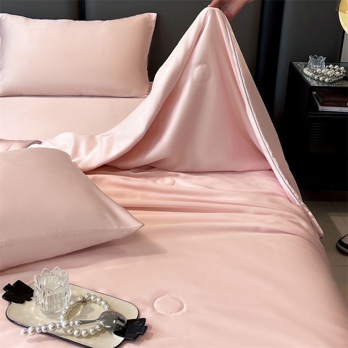 91家纺网 家纺一手货源 找家纺 雯豆天丝夏被纯色拼色A类莱赛尔凉感被子轻奢夏凉被子四件套 洛神珠-芭比粉