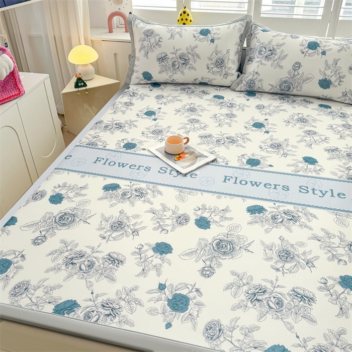 91家纺网 家纺一手货源 找家纺 雯豆2025春夏新款碳光冰丝席三件套A类凉感印花三明治凉席 碳光冰丝席-绑带款-诗韵-1