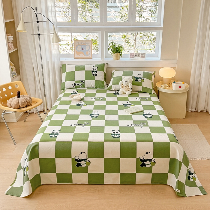 91家纺网 家纺一手货源 找家纺 博弈家纺   2025新款亲肤舒适原棉老粗布床单凉席三件套系列 可爱熊猫