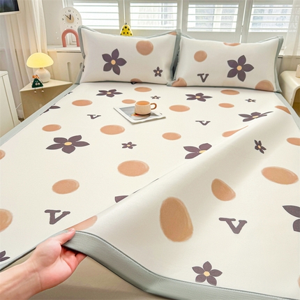 雯豆2025春夏新款碳光冰丝席三件套A类凉感印花三明治凉席 碳光冰丝席-绑带款-五瓣花