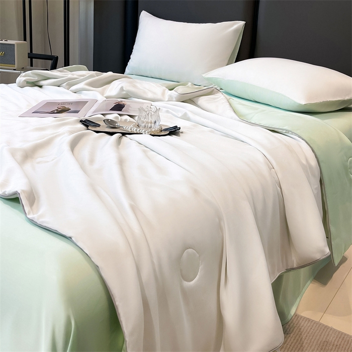 91家纺网 家纺一手货源 找家纺 雯豆天丝夏被纯色拼色A类莱赛尔凉感被子轻奢夏凉被子四件套 洛神珠-象牙白+浅艾绿