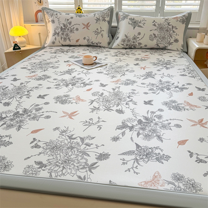 91家纺网 家纺一手货源 找家纺 雯豆2025春夏新款碳光冰丝席三件套A类凉感印花三明治凉席 碳光冰丝席-绑带款-笔墨书香