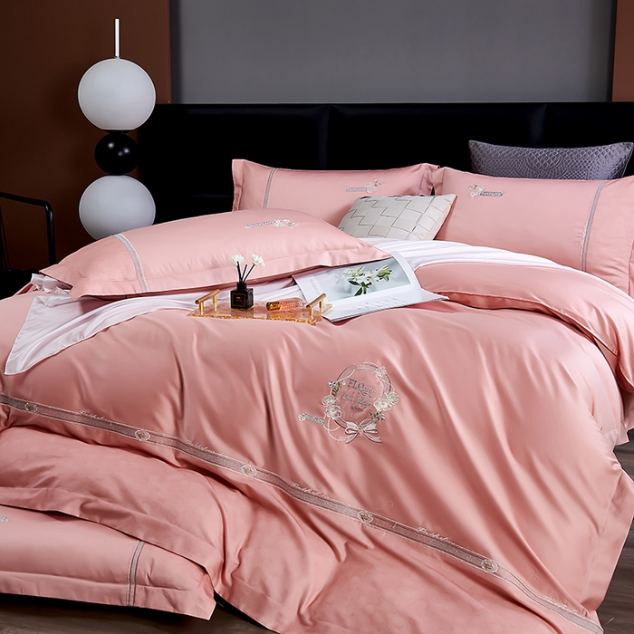 91家纺网 家纺一手货源 找家纺 2025新款120S60支双股贡缎长绒棉刺绣花四件套纯棉全棉100%棉轻奢时尚 卡芙-新豆沙