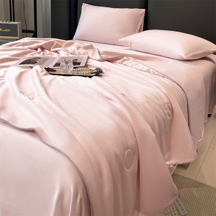 91家纺网 家纺一手货源 找家纺 雯豆天丝夏被纯色拼色A类莱赛尔凉感被子轻奢夏凉被子四件套 洛神珠-芭比粉